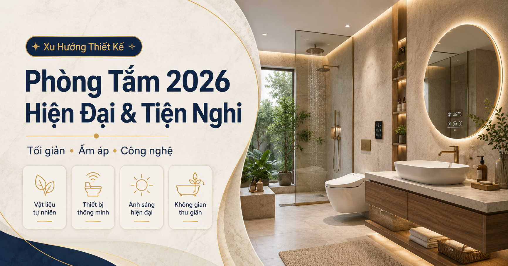 Xu hướng thiết kế phòng tắm 2026 hiện đại với thiết bị thông minh và vật liệu tự nhiên