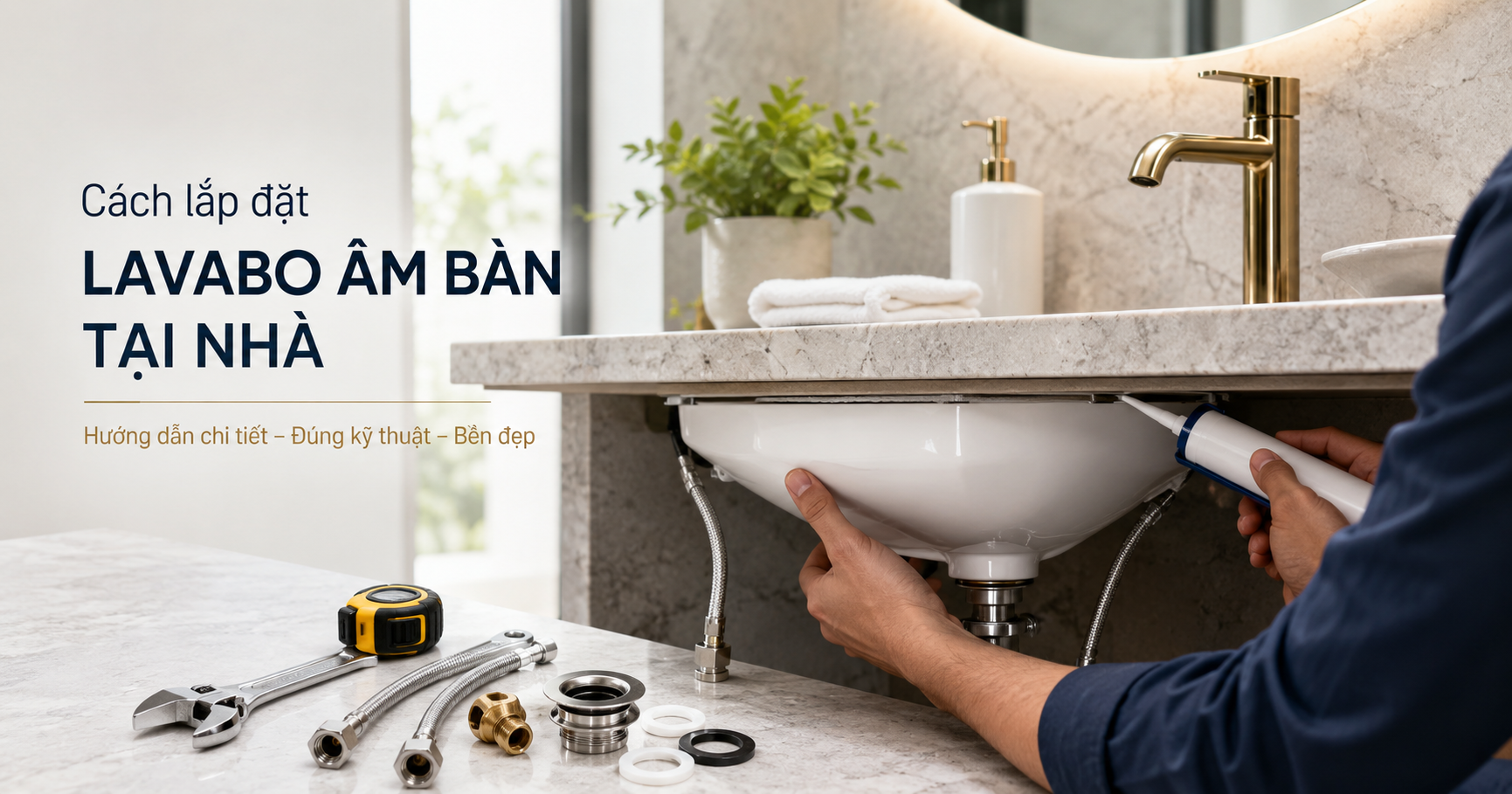 Lavabo âm bàn hiện đại trong phòng tắm sang trọng với mặt bàn đá cao cấp