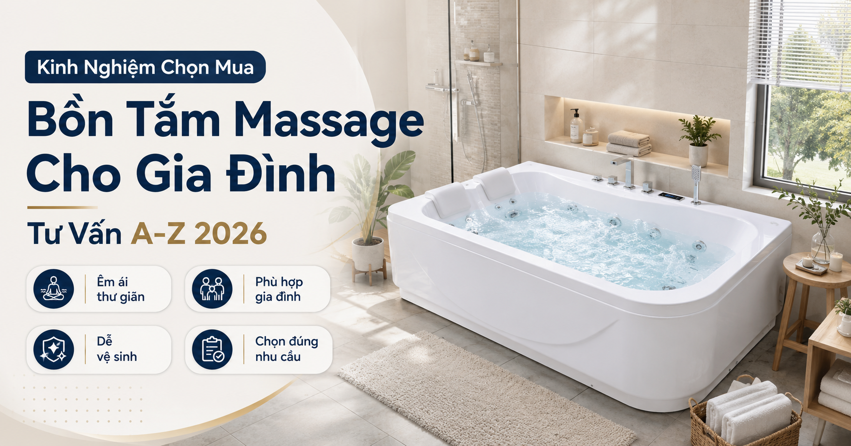 Kinh nghiệm chọn mua bồn tắm massage cho gia đình với thiết kế phòng tắm hiện đại
