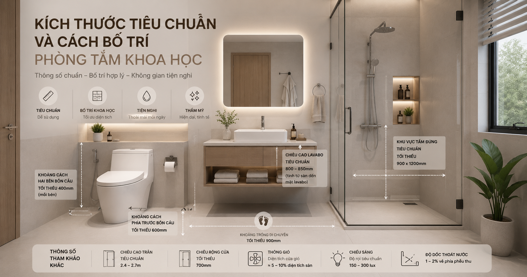 Thiết kế phòng tắm hiện đại với kích thước tiêu chuẩn và bố trí thiết bị vệ sinh khoa học