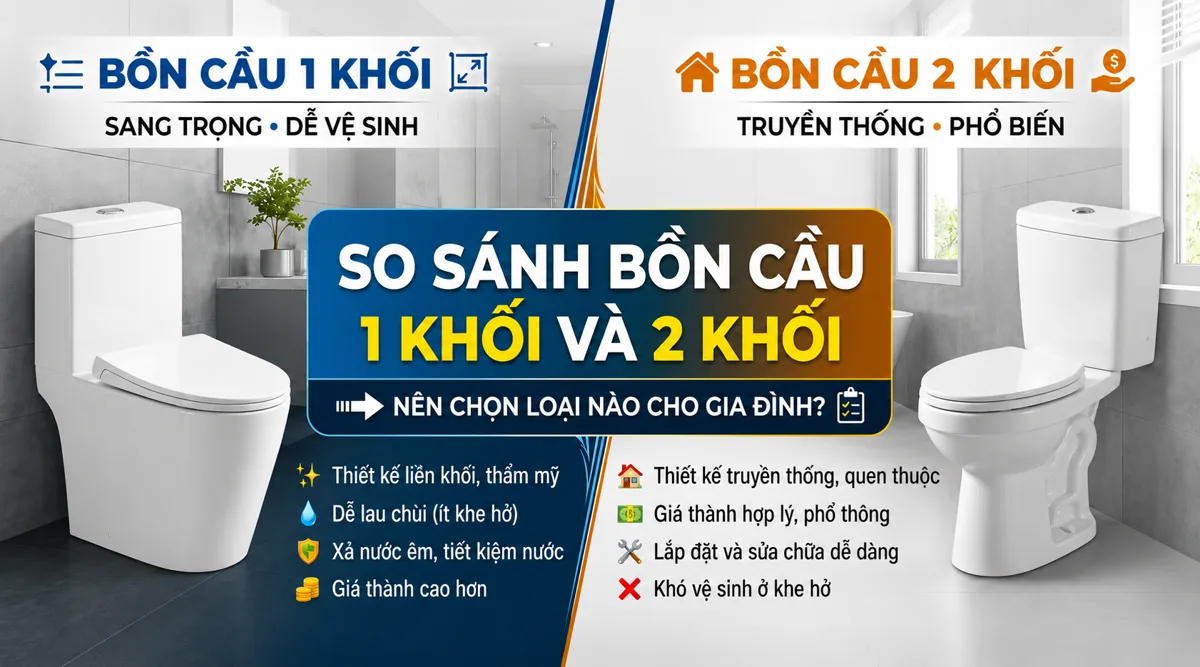 So sánh chi tiết ưu nhược điểm bồn cầu 1 khối và bồn cầu 2 khối giúp gia chủ dễ dàng lựa chọn thiết bị vệ sinh phòng tắm