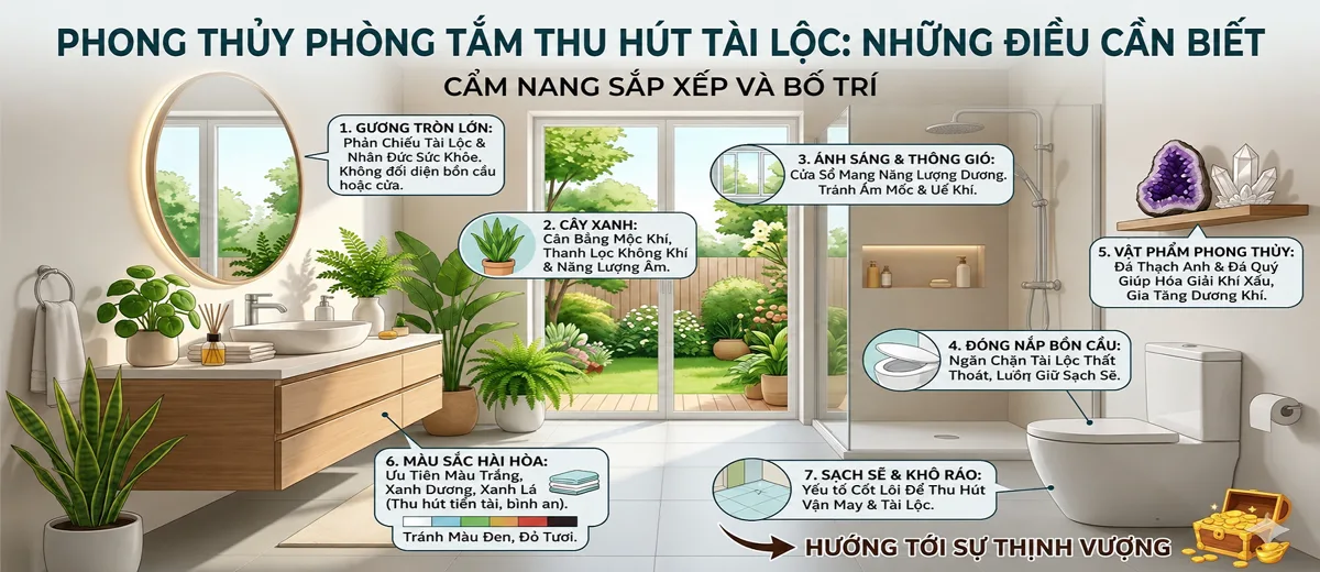 Thiết kế phòng tắm chuẩn phong thủy với màu sắc hài hòa giúp không gian thoáng đãng, thu hút tài lộc và bảo vệ sức khỏe gia chủ
