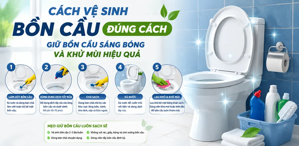 Hướng dẫn cách vệ sinh bồn cầu đúng chuẩn chuyên gia giúp đánh bay vi khuẩn, khử mùi hôi và bảo vệ lớp men sứ sáng bóng bền lâu