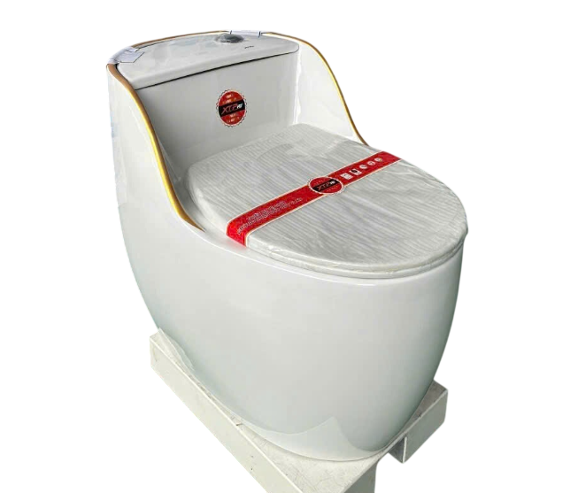 Bồn cầu một khối hình trứng - Trắng viền Vàng