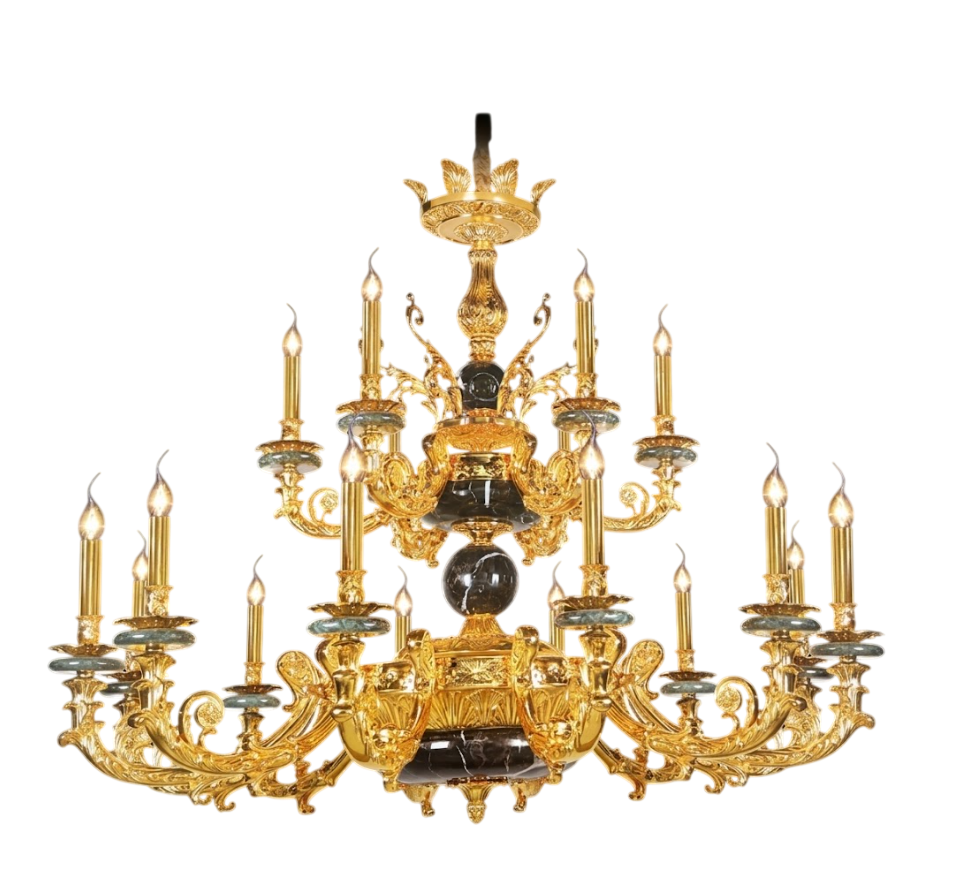 Đèn Chùm Đồng Mạ Vàng 24K & Đá Tự Nhiên NC 8886/12+6 - Ngọc Thúy Home