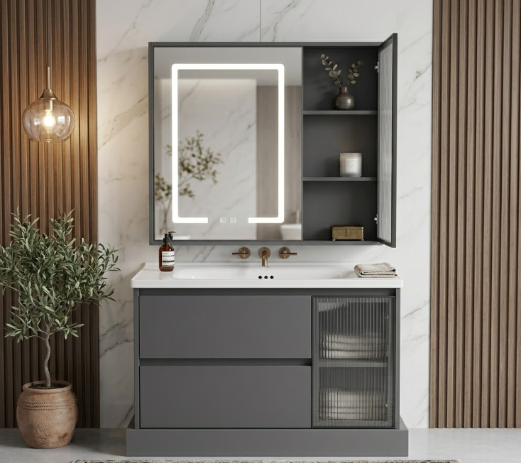 Bộ tủ chậu Lavabo cao cấp - Cánh kính sọc màu Xám ghi