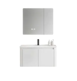 Hình ảnh Bộ Tủ Chậu Lavabo Trắng Minimalist Tủ Gương LED Bo Tròn | Lavabo Bình Dương