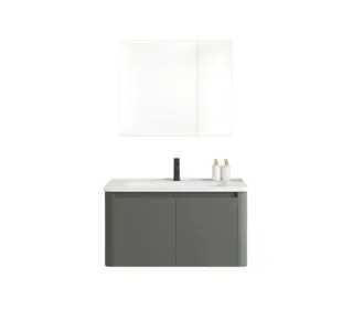 Hình ảnh Bộ Tủ Chậu Lavabo Xám Ghi Tủ Gương LED Bo Tròn | Lavabo Bình Dương