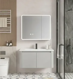 Bộ Tủ Chậu Lavabo Xám Sáng Tủ Gương LED Bo Tròn | Lavabo Bình Dương - Nội Thất Ngọc Thúy
