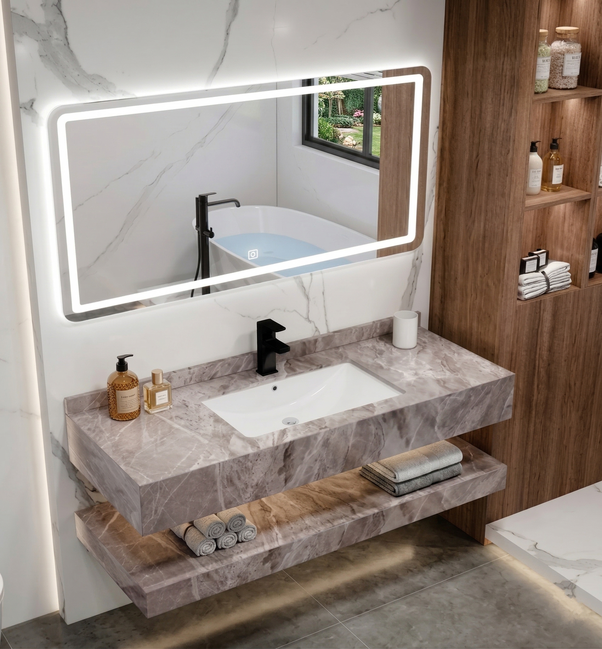 Bộ bàn đá Lavabo 2 tầng - Đá bóng vân mây (BĐ-79) - Ngọc Thúy Home