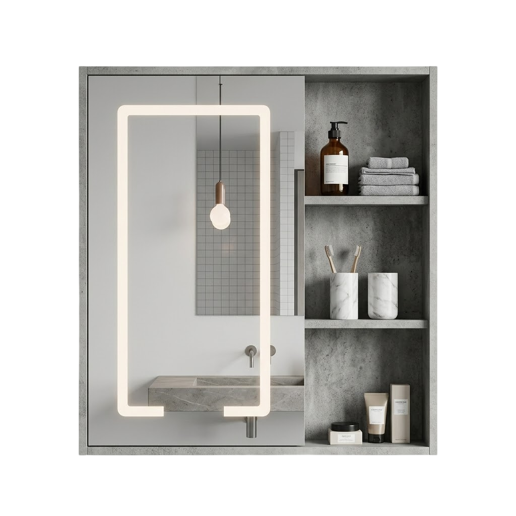 Tủ Gương LED Thông Minh Vân Xi Măng Hiện Đại | Gương Nhà Tắm Bình Dương - Ngọc Thúy Home