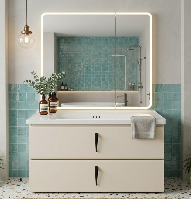 Bộ tủ chậu Lavabo Trắng hiện đại - Gương LED 2 cánh